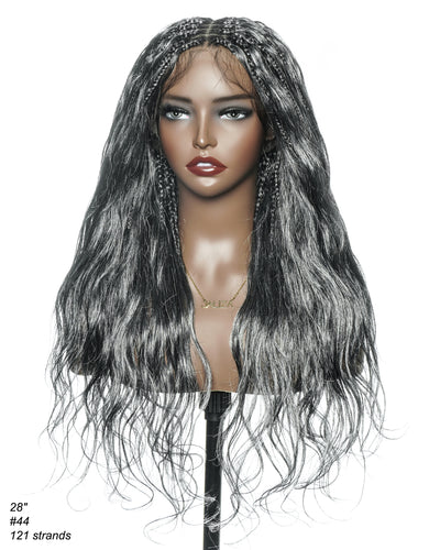 Perruque tressée bohème Michelle Salt & Pepper sans colle, dentelle suisse HD intégrale – Cheveux humains et mélange synthétique bouclés base 1B