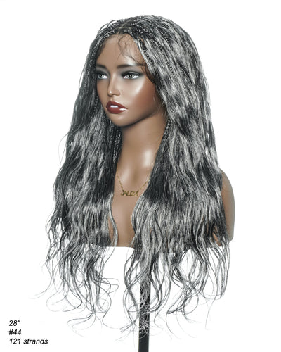 Perruque tressée bohème Michelle Salt & Pepper sans colle, dentelle suisse HD intégrale – Cheveux humains et mélange synthétique bouclés base 1B