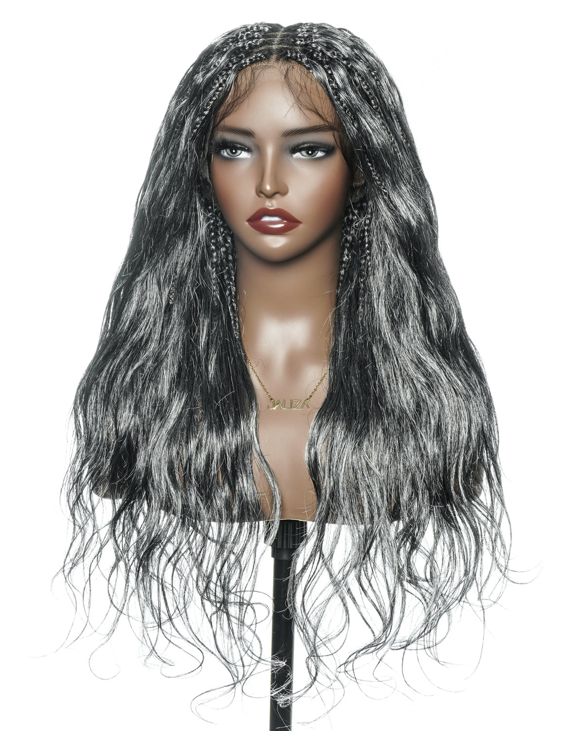 Perruque tressée bohème Michelle Salt & Pepper sans colle, dentelle suisse HD intégrale – Cheveux humains et mélange synthétique bouclés base 1B