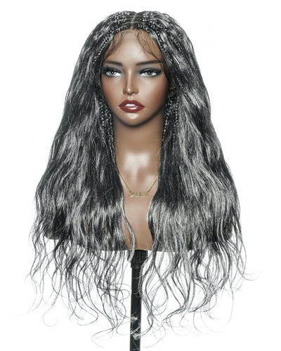 Perruque tressée bohème Michelle Salt & Pepper sans colle, dentelle suisse HD intégrale – Cheveux humains et mélange synthétique bouclés base 1B