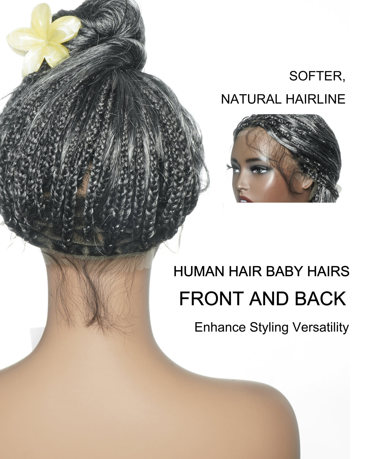 Perruque tressée bohème Michelle Salt & Pepper sans colle, dentelle suisse HD intégrale – Cheveux humains et mélange synthétique bouclés base 1B