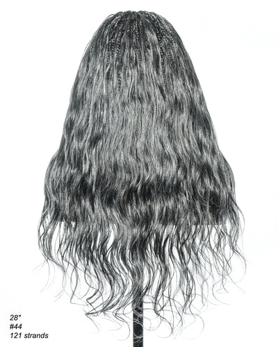 Perruque tressée bohème Michelle Salt & Pepper sans colle, dentelle suisse HD intégrale – Cheveux humains et mélange synthétique bouclés base 1B