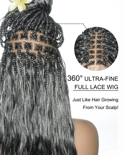 Perruque tressée bohème Michelle Salt & Pepper sans colle, dentelle suisse HD intégrale – Cheveux humains et mélange synthétique bouclés base 1B