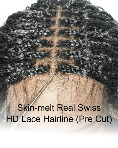 Perruque tressée de 24 po en dentelle complète « Salt & Pepper » avec cheveux humains ondulés et boucles synthétiques, base #44