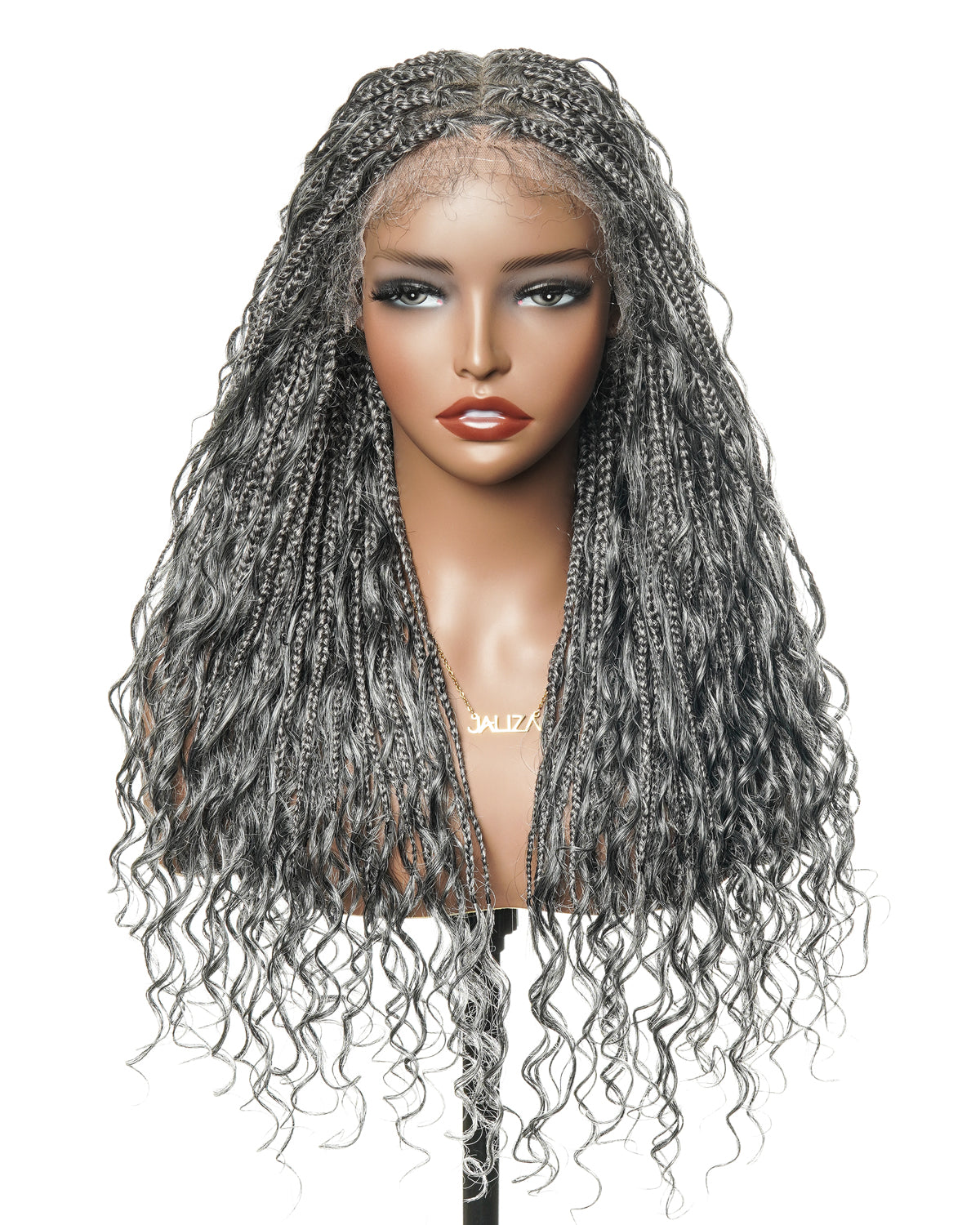 Perruque tressée de 24 po en dentelle complète « Salt & Pepper » avec cheveux humains ondulés et boucles synthétiques, base #44