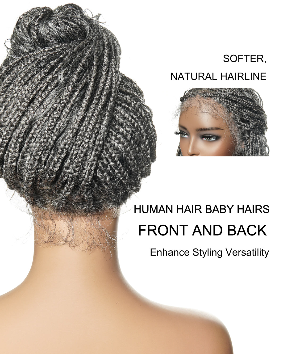 Perruque tressée de 24 po en dentelle complète « Salt & Pepper » avec cheveux humains ondulés et boucles synthétiques, base #44