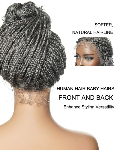 Perruque tressée de 24 po en dentelle complète « Salt & Pepper » avec cheveux humains ondulés et boucles synthétiques, base #44