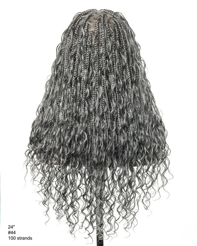 Perruque tressée de 24 po en dentelle complète « Salt & Pepper » avec cheveux humains ondulés et boucles synthétiques, base #44