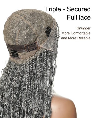 Perruque tressée de 24 po en dentelle complète « Salt & Pepper » avec cheveux humains ondulés et boucles synthétiques, base #44