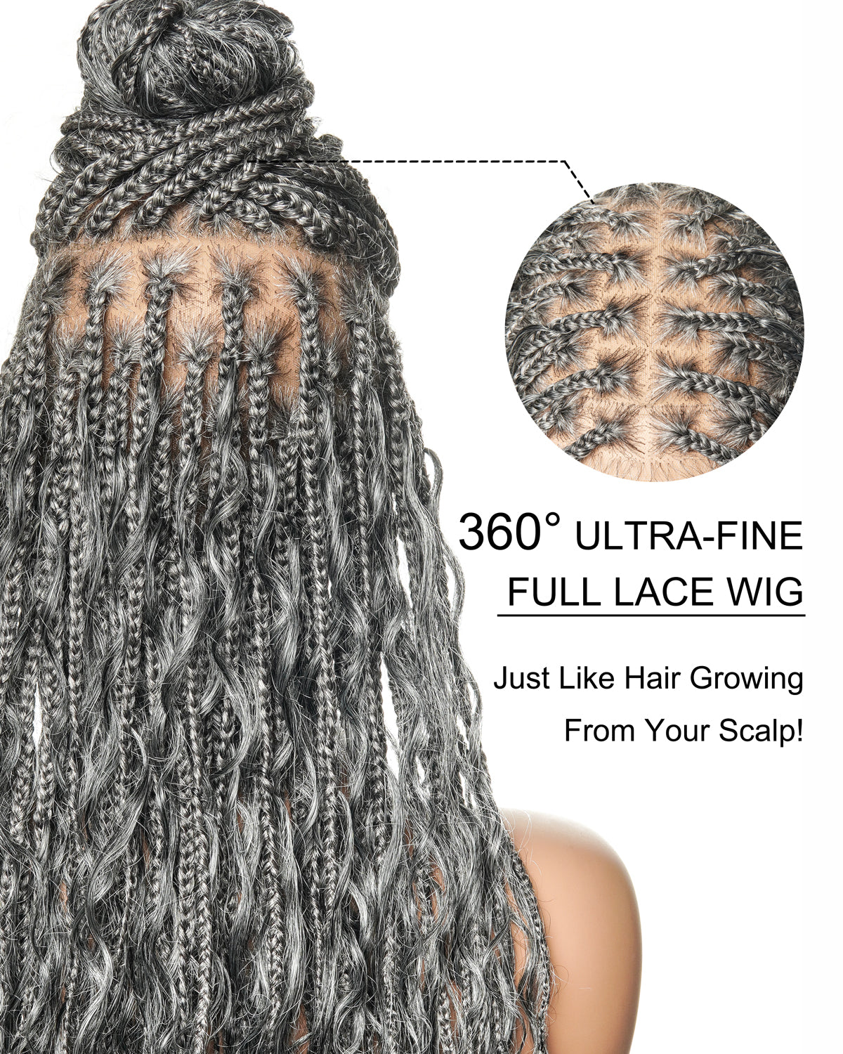 Perruque tressée de 24 po en dentelle complète « Salt & Pepper » avec cheveux humains ondulés et boucles synthétiques, base #44