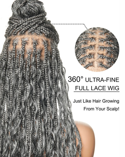 Perruque tressée de 24 po en dentelle complète « Salt & Pepper » avec cheveux humains ondulés et boucles synthétiques, base #44