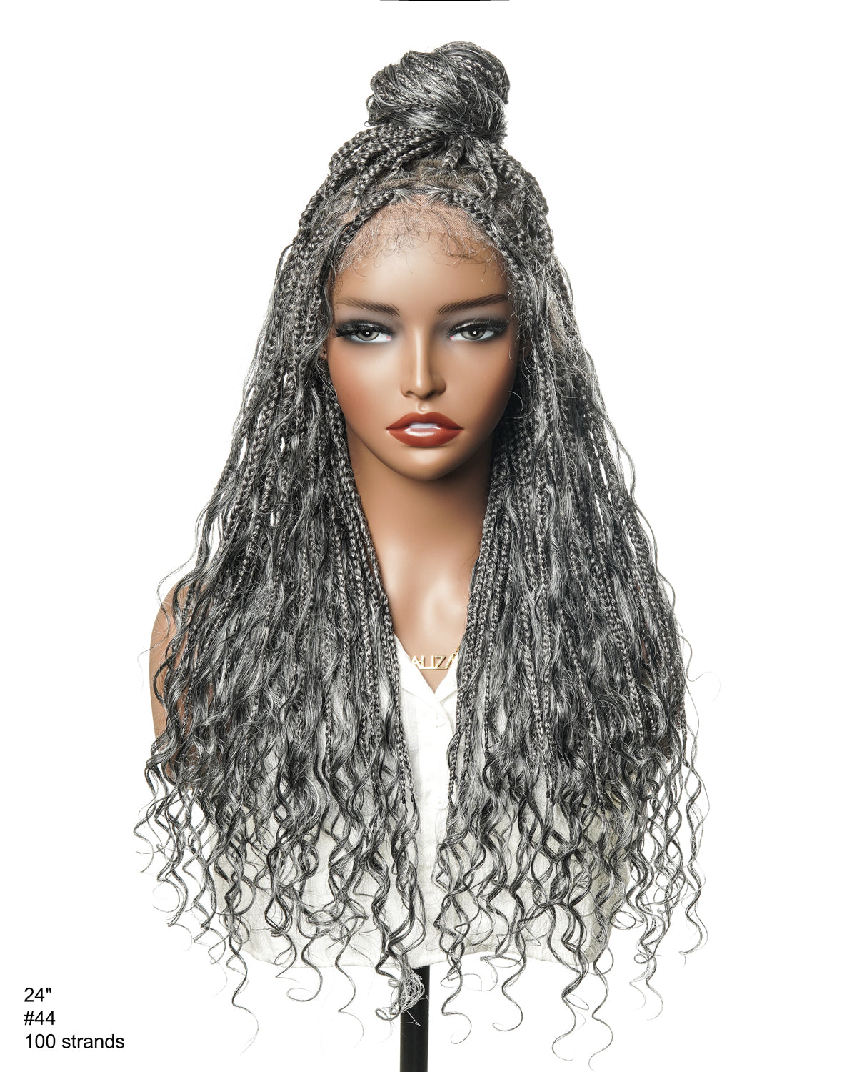 Perruque tressée de 24 po en dentelle complète « Salt & Pepper » avec cheveux humains ondulés et boucles synthétiques, base #44