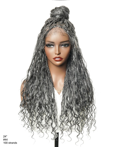 Perruque tressée de 24 po en dentelle complète « Salt & Pepper » avec cheveux humains ondulés et boucles synthétiques, base #44