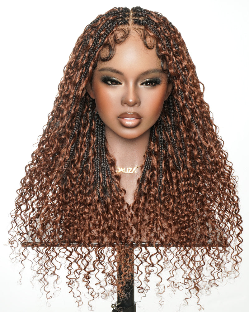 Perruque tressée bohème sans colle à enfiler Slip-On™ 55 cm, ondulée, Châtain Acajou Foncé #33