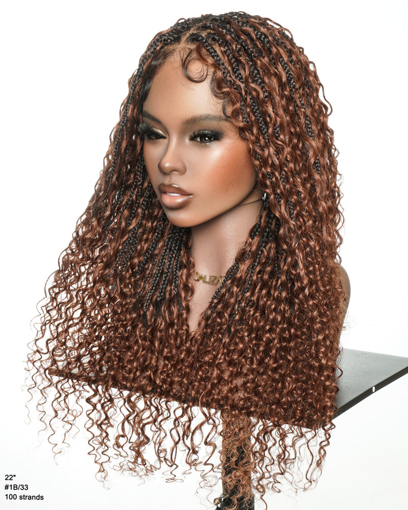 Perruque tressée bohème sans colle à enfiler Slip-On™ 55 cm, ondulée, Châtain Acajou Foncé #33
