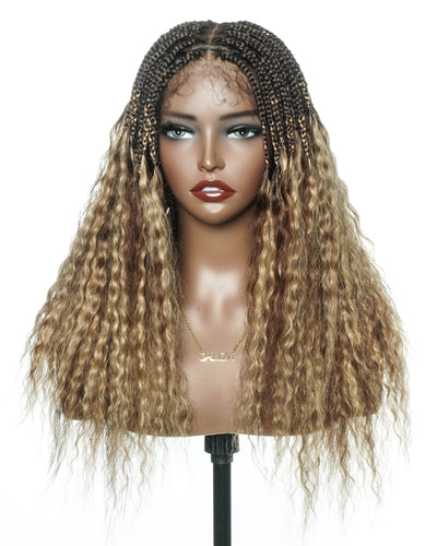 Perruque tressée sans nœuds avec dentelle frontale HD, cheveux humains bouclés aux pointes, couleurs mélangées 1B, 4, 27, 22 pouces, avec nœuds pré-décolorés