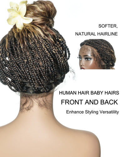 Perruque tressée sans nœuds avec dentelle frontale HD, cheveux humains bouclés aux pointes, couleurs mélangées 1B, 4, 27, 22 pouces, avec nœuds pré-décolorés