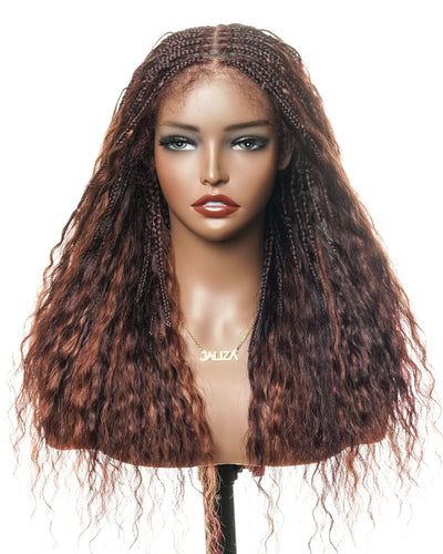 Perrque tressée de style bohème en dentelle suisse HD, cheveux humains bouclés ondulés, 24", couleurs mélangées bordeaux 99J et brun rougeâtre 33, 121 mèches