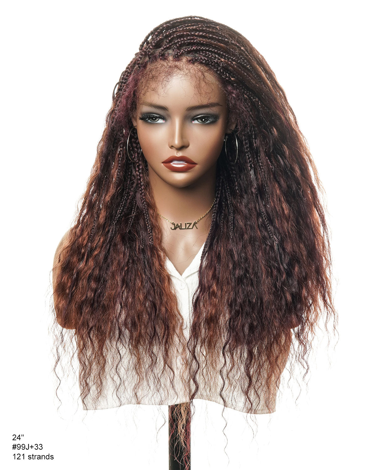 Perrque tressée de style bohème en dentelle suisse HD, cheveux humains bouclés ondulés, 24", couleurs mélangées bordeaux 99J et brun rougeâtre 33, 121 mèches