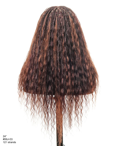 Perrque tressée de style bohème en dentelle suisse HD, cheveux humains bouclés ondulés, 24", couleurs mélangées bordeaux 99J et brun rougeâtre 33, 121 mèches