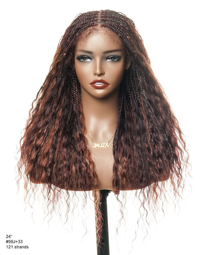 Perrque tressée de style bohème en dentelle suisse HD, cheveux humains bouclés ondulés, 24", couleurs mélangées bordeaux 99J et brun rougeâtre 33, 121 mèches