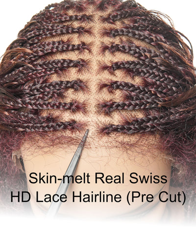 Perrque tressée de style bohème en dentelle suisse HD, cheveux humains bouclés ondulés, 24", couleurs mélangées bordeaux 99J et brun rougeâtre 33, 121 mèches
