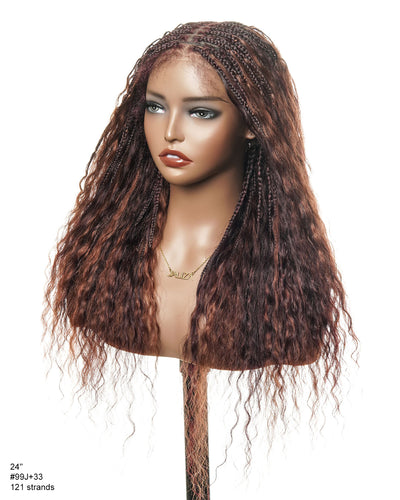 Perrque tressée de style bohème en dentelle suisse HD, cheveux humains bouclés ondulés, 24", couleurs mélangées bordeaux 99J et brun rougeâtre 33, 121 mèches