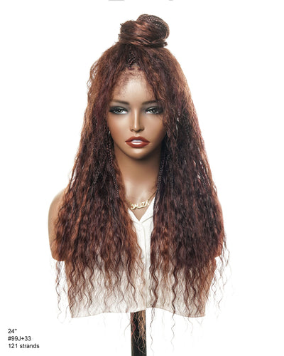 Perrque tressée de style bohème en dentelle suisse HD, cheveux humains bouclés ondulés, 24", couleurs mélangées bordeaux 99J et brun rougeâtre 33, 121 mèches