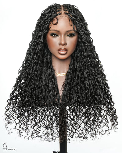 Nami - Bonnet à cordon sans colle Cheveux humains ondulés Boucles pré-décolorées Dentelle HD Suisse Perruque tressée de tresses Boho sans nœuds
