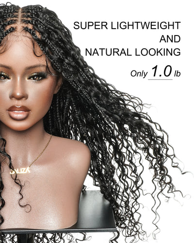 Nami - Bonnet à cordon sans colle Cheveux humains ondulés Boucles pré-décolorées Dentelle HD Suisse Perruque tressée de tresses Boho sans nœuds