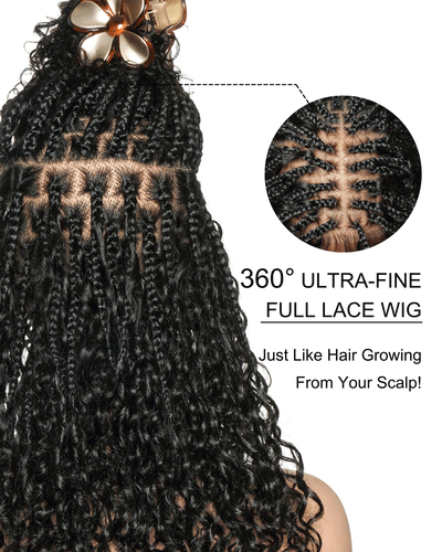 Nami - Bonnet à cordon sans colle Cheveux humains ondulés Boucles pré-décolorées Dentelle HD Suisse Perruque tressée de tresses Boho sans nœuds