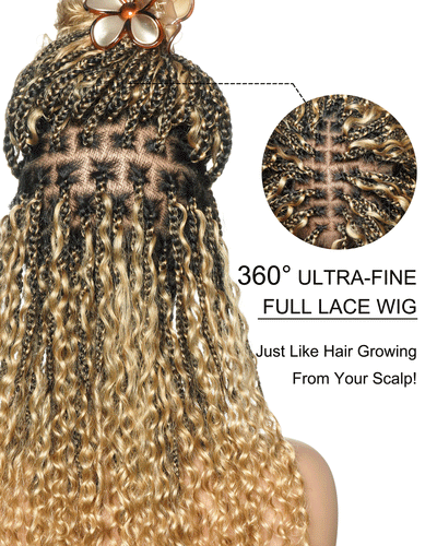 Nami - Bonnet à cordon sans colle Cheveux humains ondulés Boucles pré-décolorées Dentelle HD Suisse Perruque tressée de tresses Boho sans nœuds