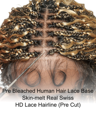 Nami - Bonnet à cordon sans colle Cheveux humains ondulés Boucles pré-décolorées Dentelle HD Suisse Perruque tressée de tresses Boho sans nœuds