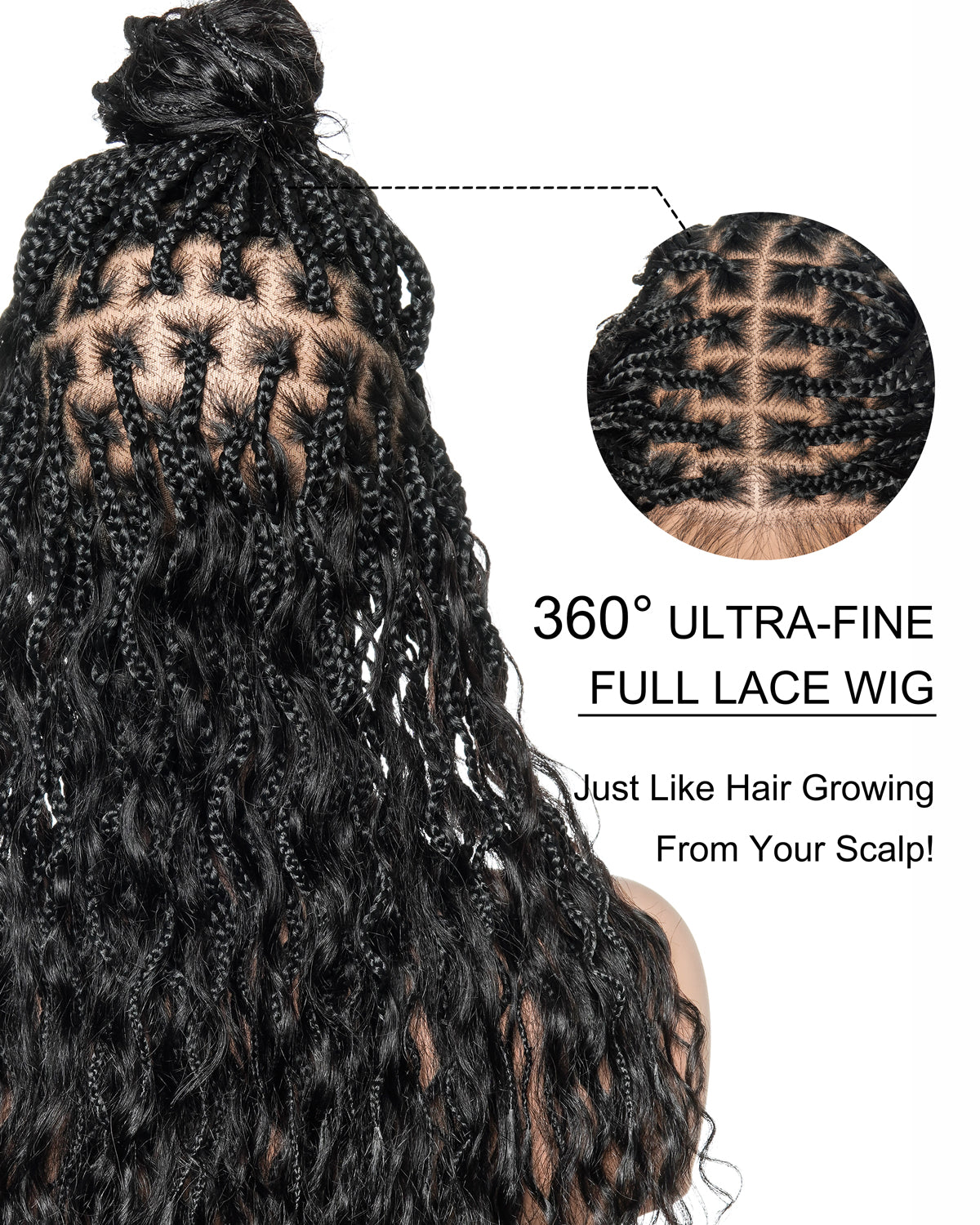 Wavina - Perruque tressée de 24 pouces avec tresses ondulées et vagues bohèmes en cheveux naturels