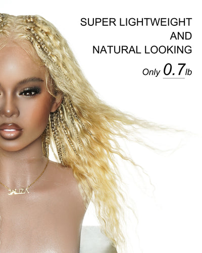 22" #613 Blonde Human Hair Wet & Wavy Boho Small Box Braided Full Lace Wig